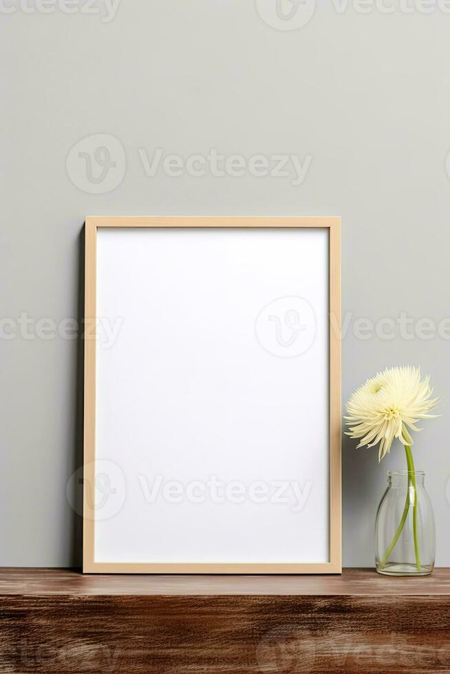 Blank vertical picture frame mockup hanging on a plain wall with wooden desk table and flower vase AI Generated photo