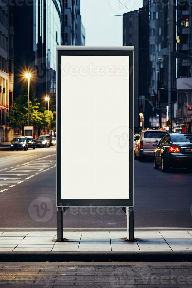 Blank mock up of vertical street poster billboard in dusk night for marketing or advertisement AI Generated photo