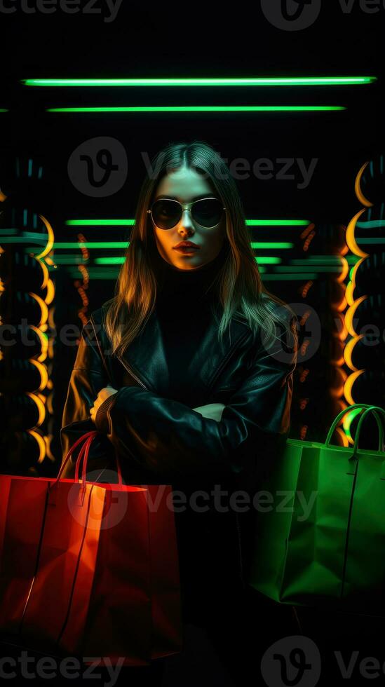 Woman in neon light cyberpunk dark background with shopping bags in black friday, cyber monday sales concept AI Generated photo