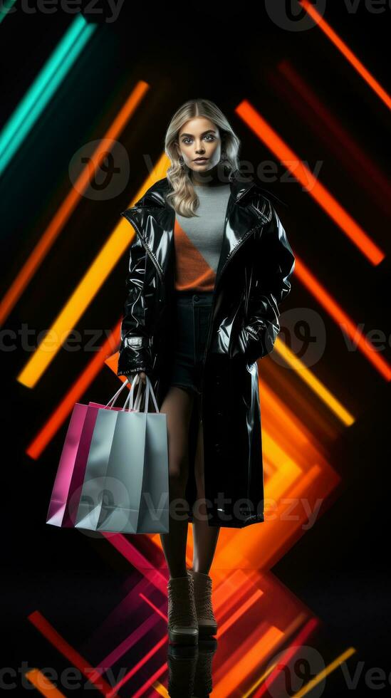 Full body woman in neon light cyberpunk dark background with shopping bags in black friday sales concept AI Generated photo