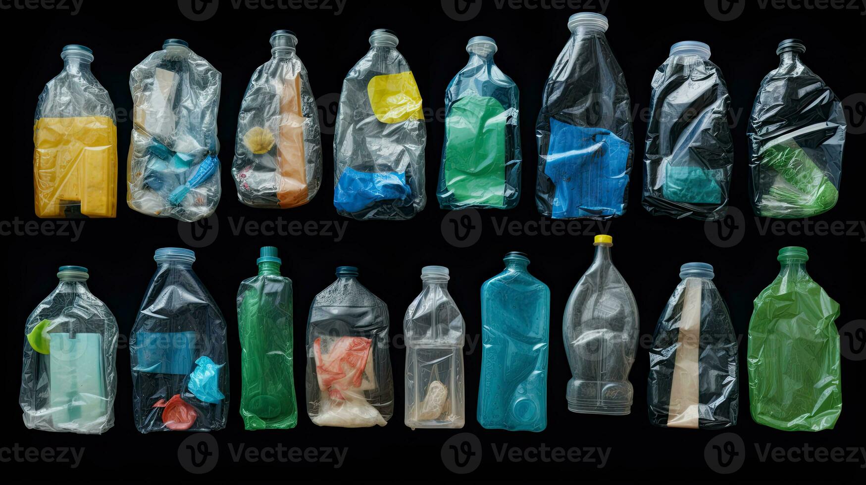 Recycling plastic bags collection filled with recyclable bottles cans and garbage AI Generated photo