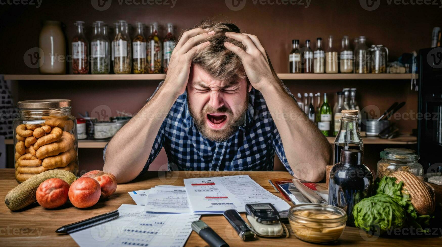 Man upset headache depressed from cost of living got higher from inflation of grocery price by supermarket AI Generated photo