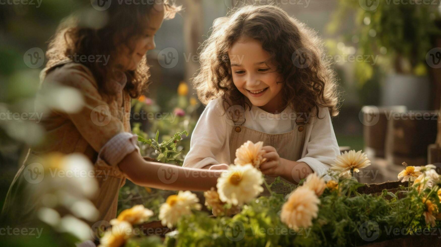 sonriente pequeño niña tomar cuidado y planta flores en el jardín o un granja ai generado foto