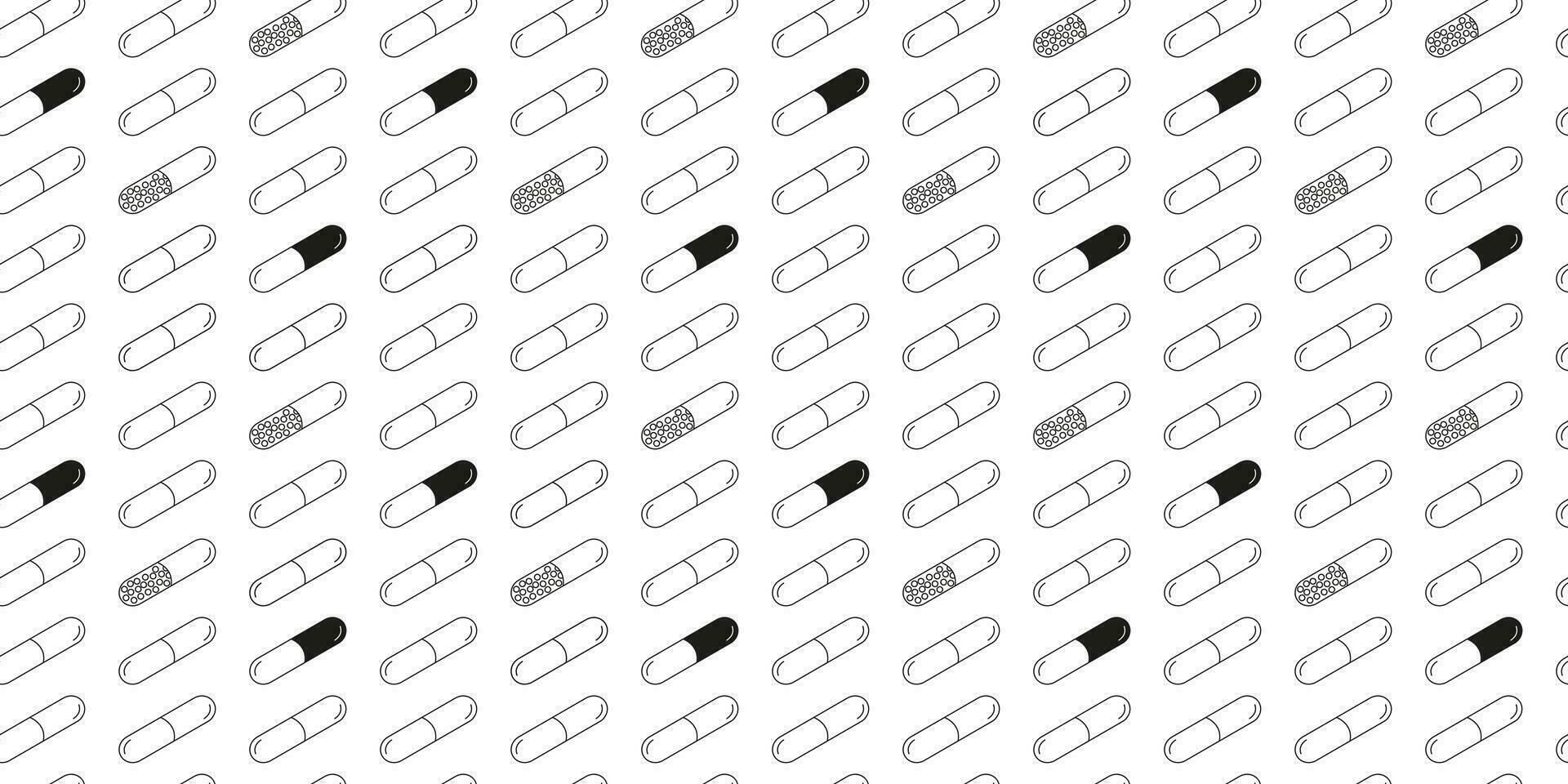 Medicine capsules outline seamless pattern editable background linear style. Black and white pills thin line background vector