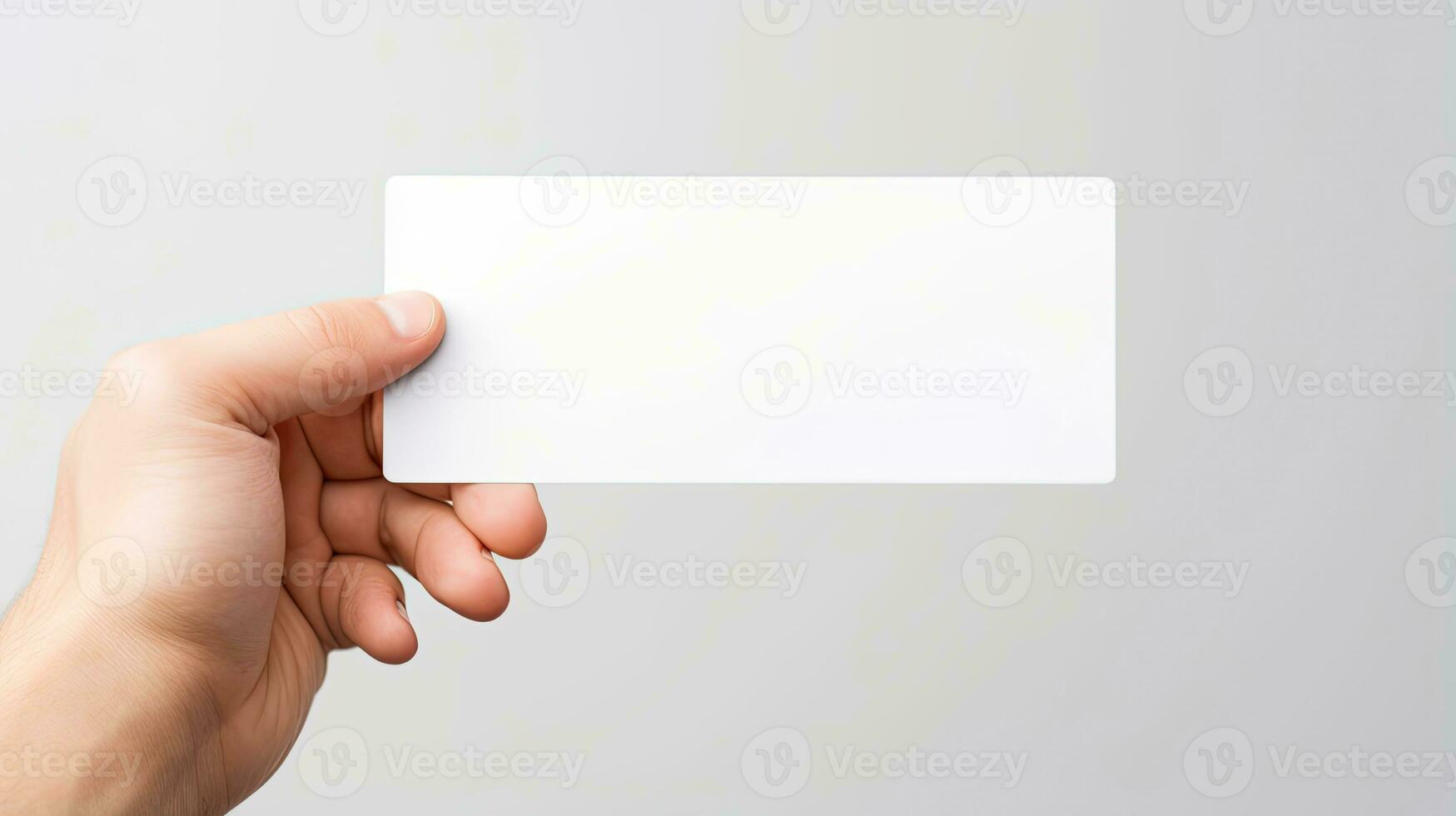 Closeup male hand holding a blank card or a ticket, invitation, coupon on Grey background AI Generated photo