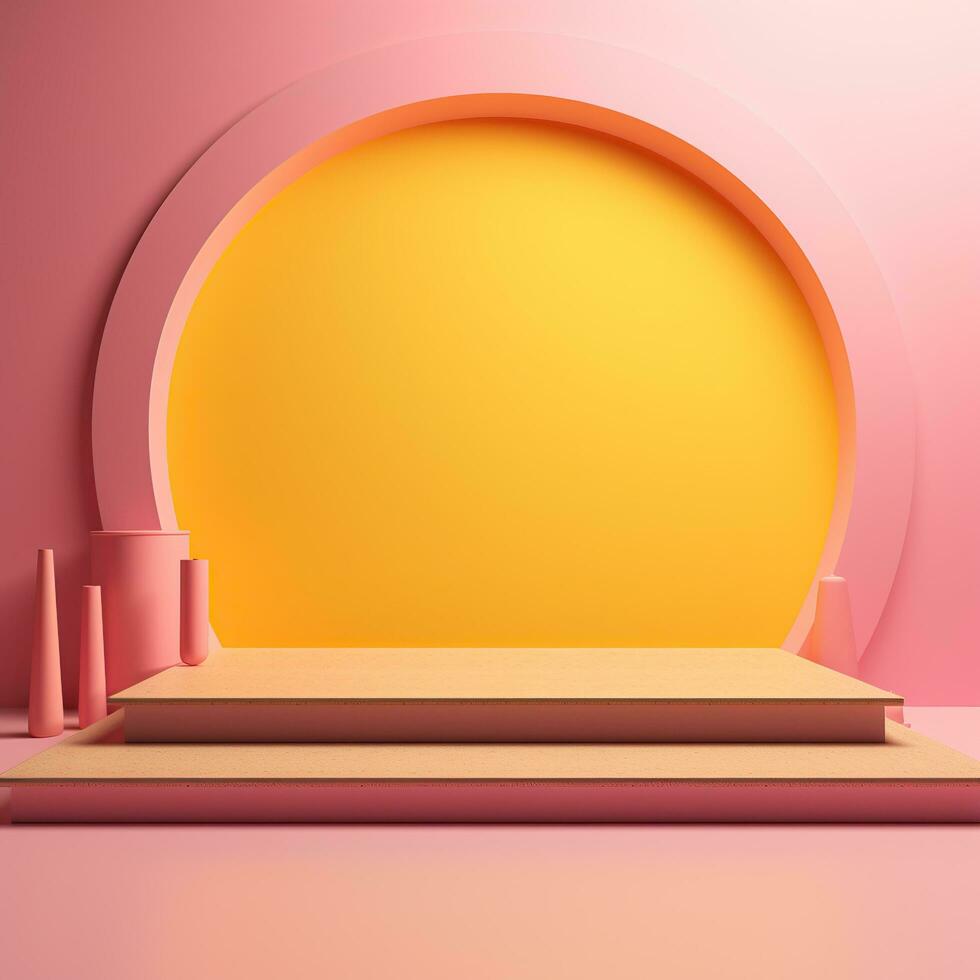 Stage, podium, empty pedestal for displaying objects and advertising goods, yellow, pink, glossy photo