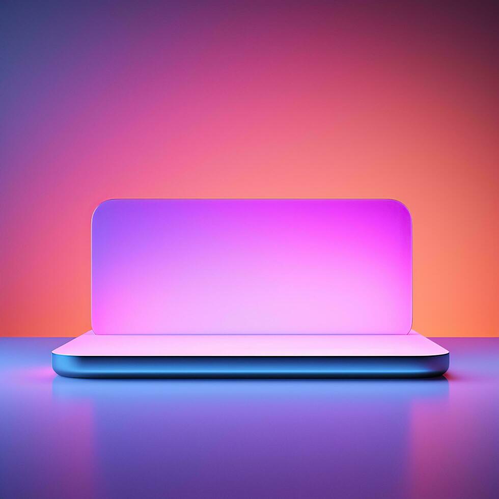 Square neon glowing podium, stage, pedestal. Empty flat advertising platform photo