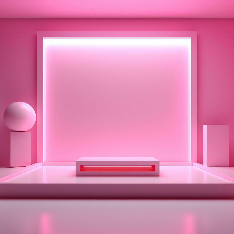 Pink glowing podium, empty flat stage photo