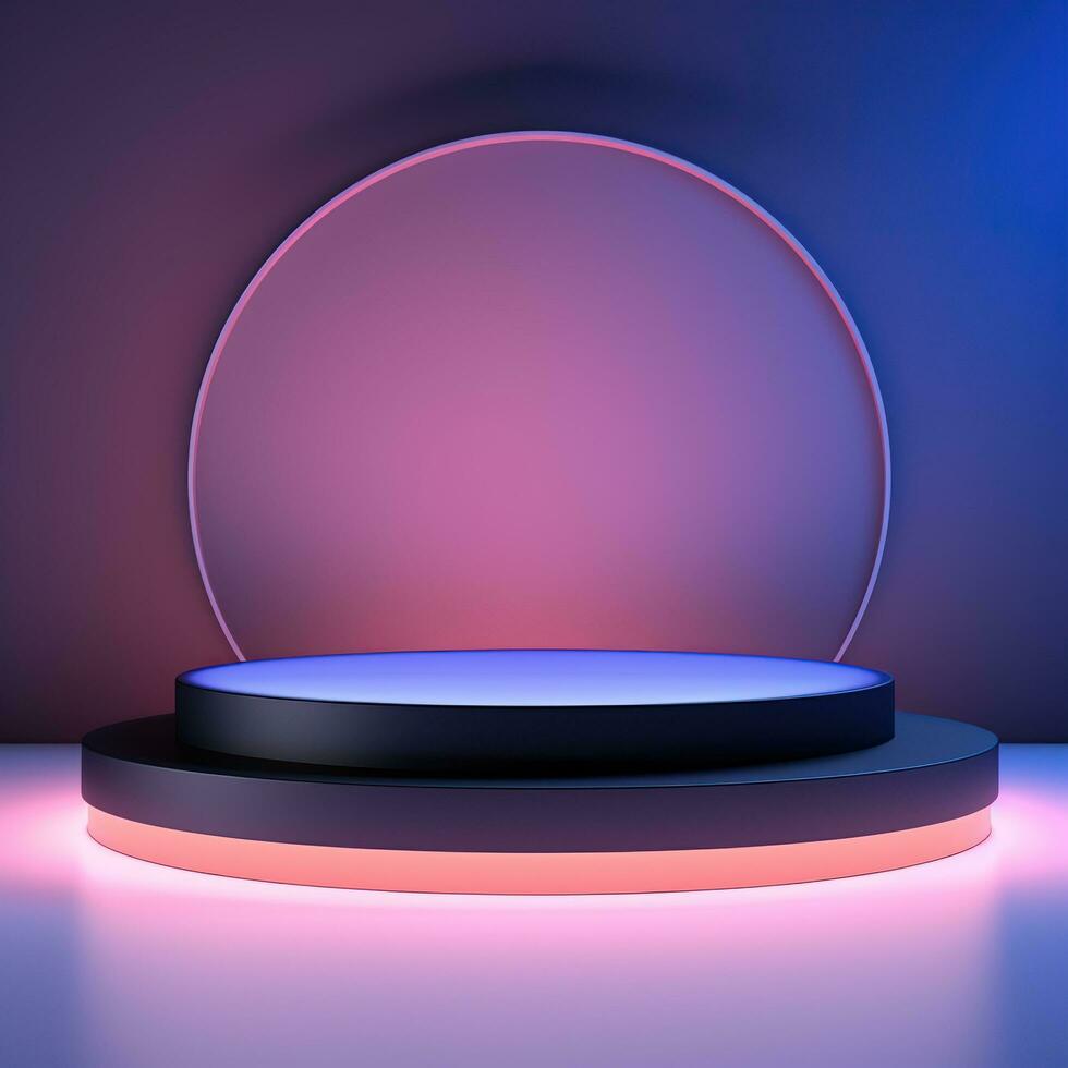 Round neon glowing podium, stage, pedestal. Empty advertising platform photo