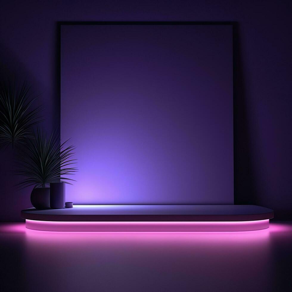 Square neon glowing podium, stage, pedestal. Empty flat advertising platform photo