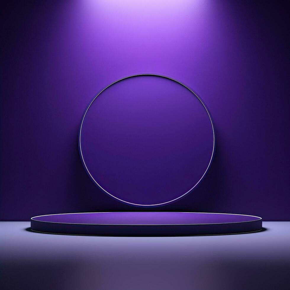 Round neon glowing podium, stage, pedestal. Empty advertising platform photo
