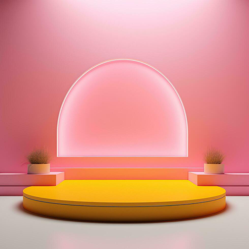Stage, podium, empty pedestal for displaying objects and advertising goods, yellow, pink, glossy photo