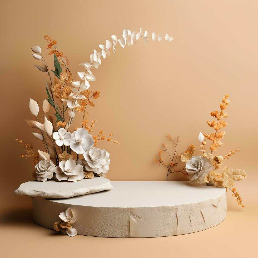 Empty minimalistic stone podium with flowers and leaves. Stage for displaying objects, goods, pink, beige, pastel photo