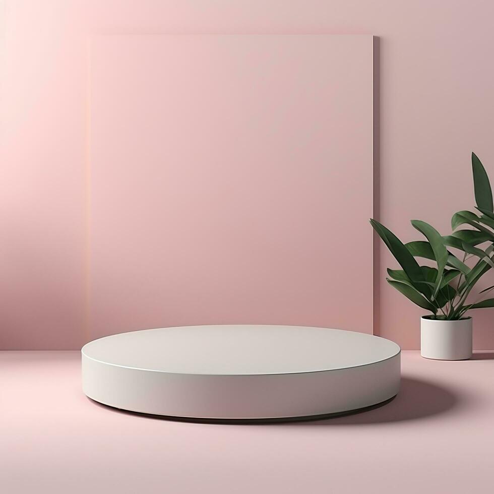 Stage, podium, empty pedestal for displaying objects and advertising goods, pink, beige, pastel photo