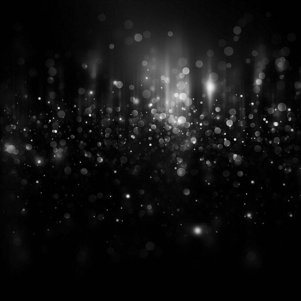 Black square background with bokeh effect. White flashes, confetti, shine photo