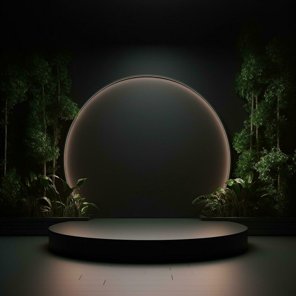 Simple black podium, stage, platform with green tropical leaves photo