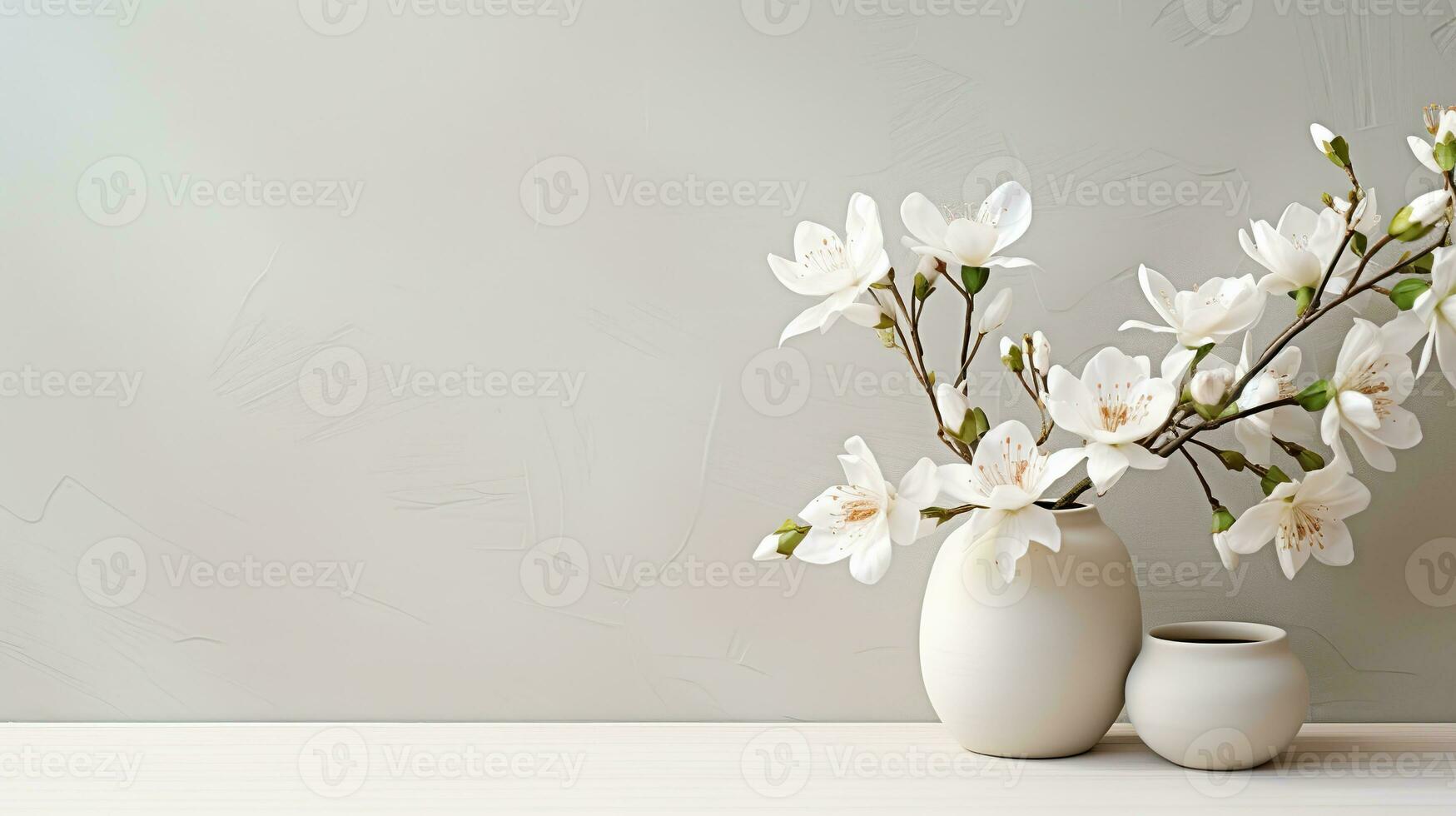 Simple empty mockup scene, free space, table for advertising with jasmine flowers, product demonstrations, paintings. Light white pastel color photo