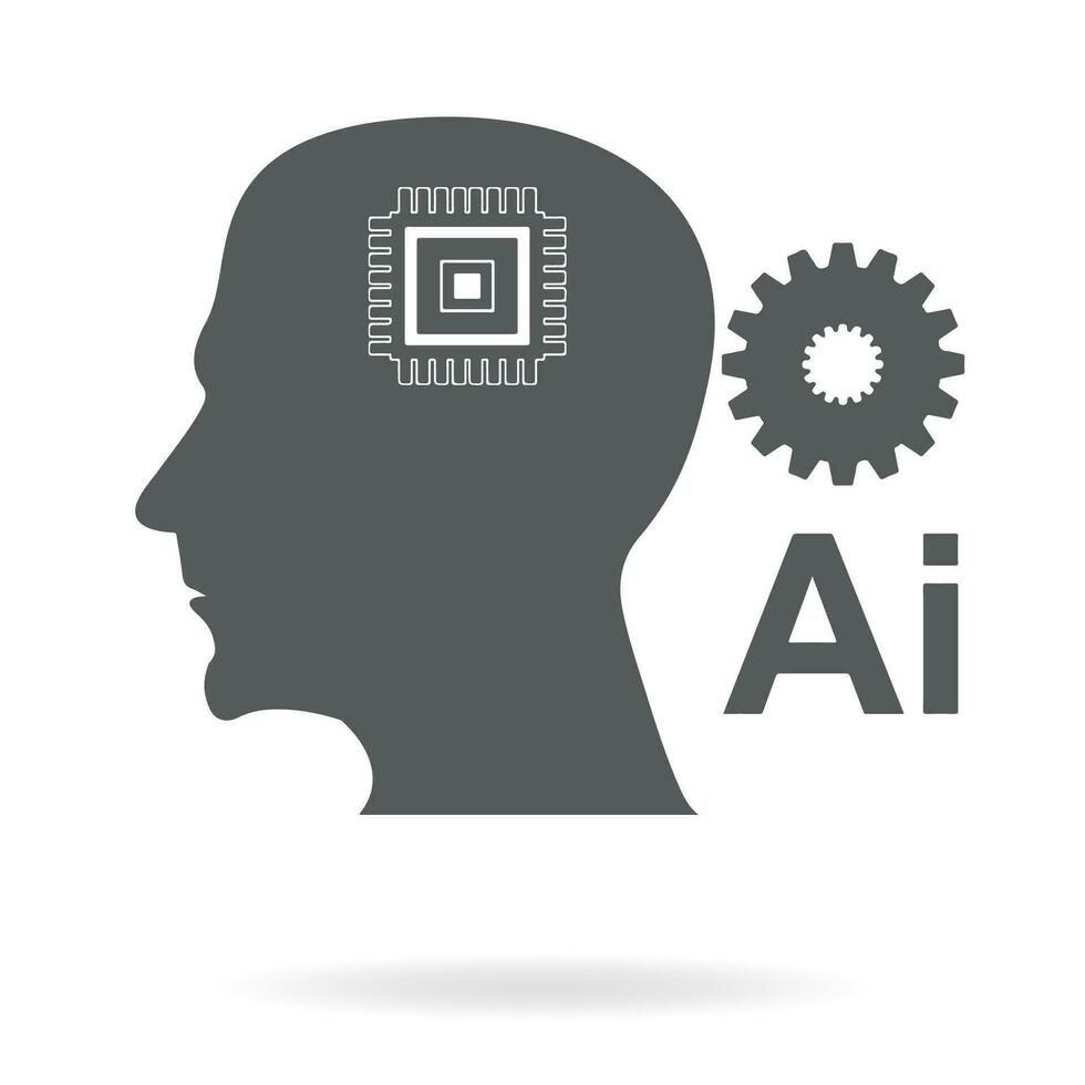 Artificial intelligence glyph icon with digital AI human head and brain circuit CPU chip symbols. vector