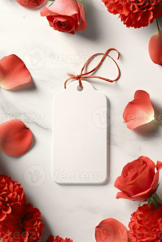 Modern blank valentine gift tag mockup with red rose leaves petals AI Generated photo