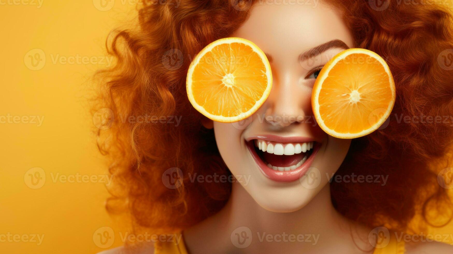 Beautiful Joyful teen model girl takes Juicy oranges slices with funny red hairstyle and professional make up AI Generated photo