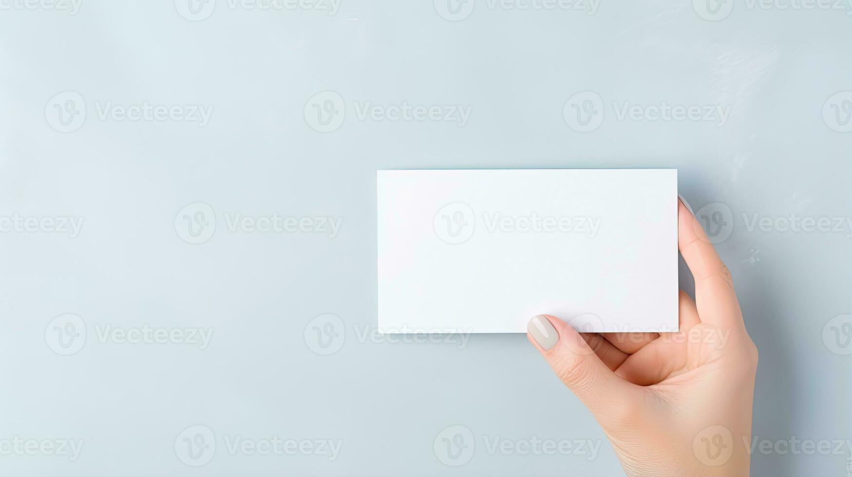 Female hands with blank business card or discount card on Flat color background with copy space AI Generated photo