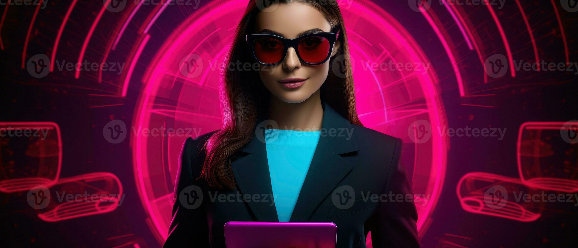 Woman inviting for online shopping with tablet, black friday, cyber monday sales. neon background AI Generated photo