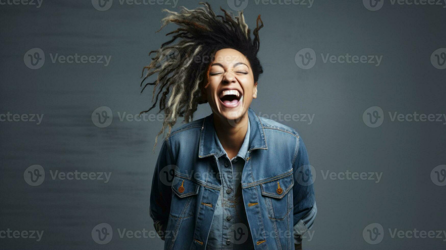 Enjoy happy african american girl wearing denim jacket looking up smiling cheerfully against background AI Generated photo