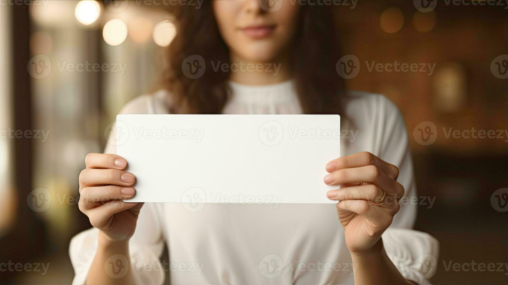 Closeup Woman holding blank business card or a ticket, invitation, coupon design for mock up AI Generated photo