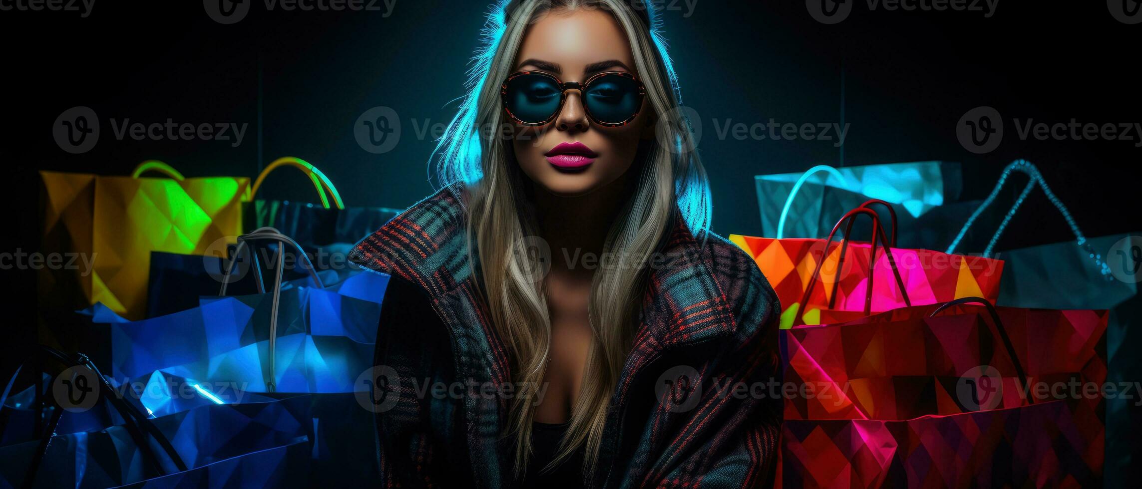 Woman in neon light cyberpunk dark background with shopping bags in black friday, cyber monday sales concept AI Generated photo