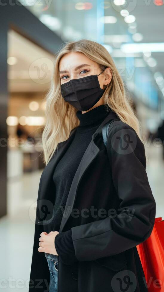 Woman in a medical protective face mask with black dress holding shopping bags in the mall, Coronavirus, Black Friday concept AI Generated photo