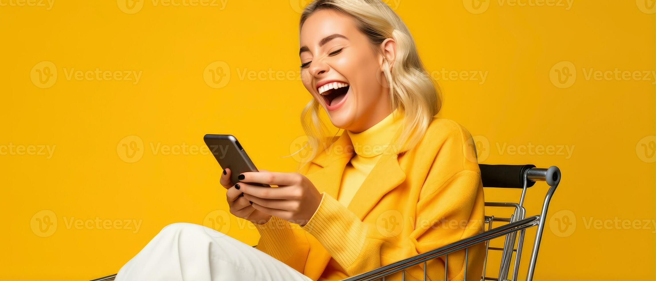 Excited woman laughing and using smartphone in shopping cart trolley on yellow background AI Generated photo