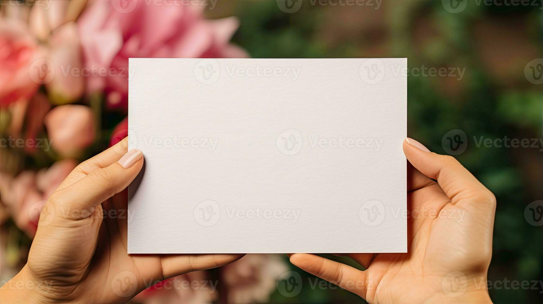 Print Mockup Card in Hands for invitation, Wedding, Card or Postcard Mockup AI Generated photo