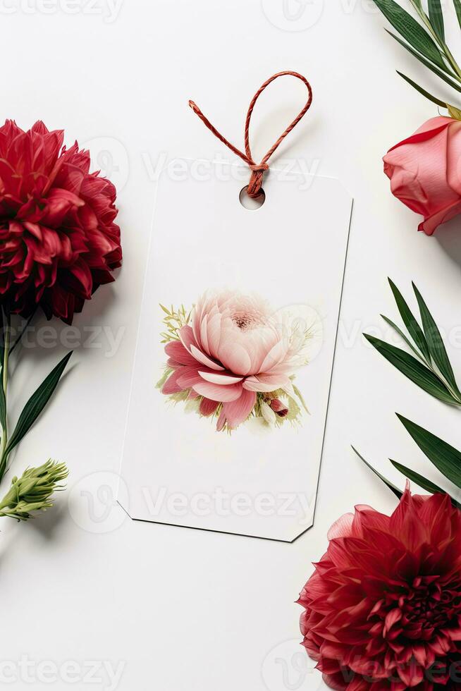 Modern gift tag mock up with red flower perfect for wedding AI Generated photo