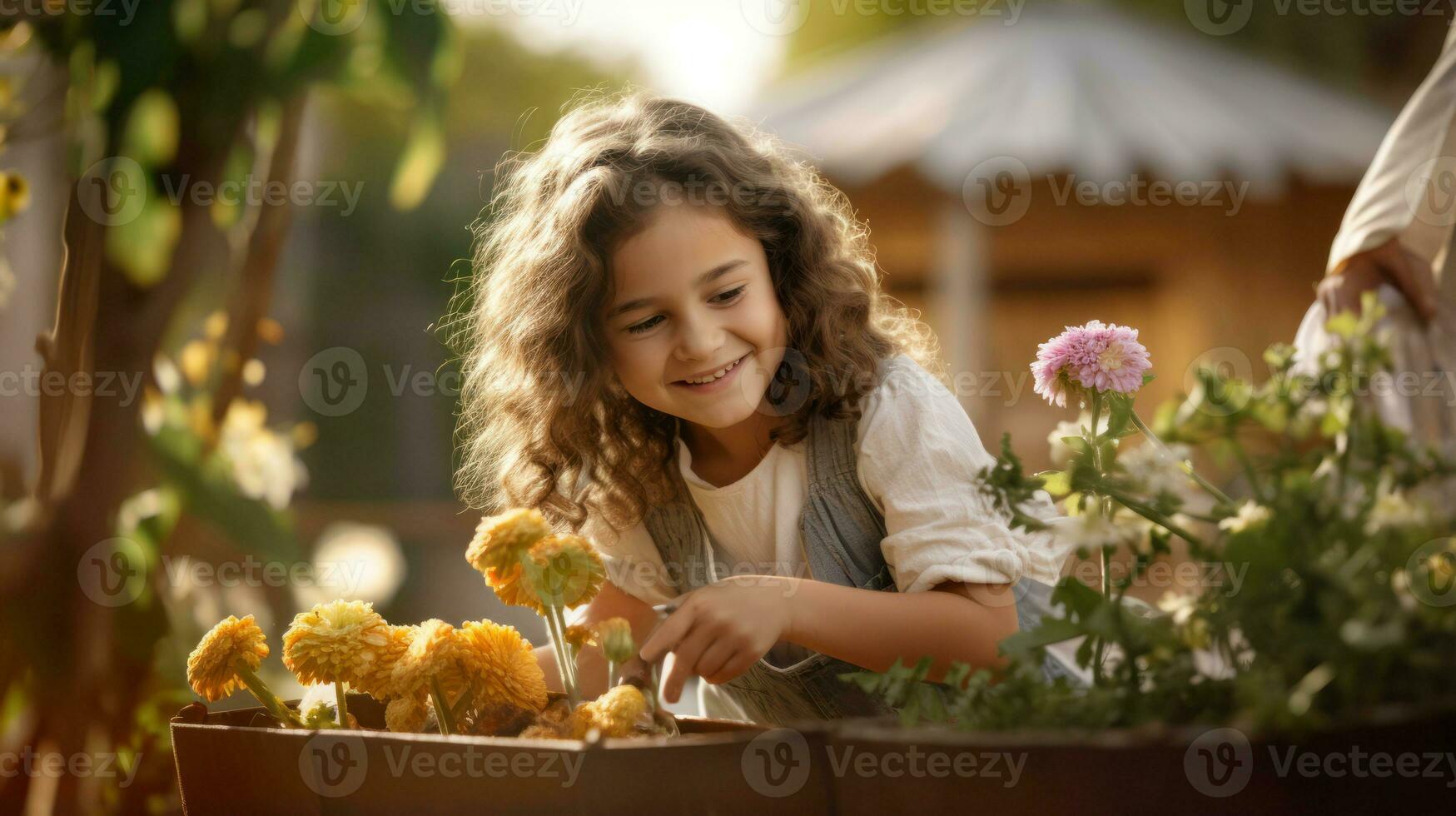 sonriente pequeño niña tomar cuidado y planta flores en el jardín o un granja ai generado foto