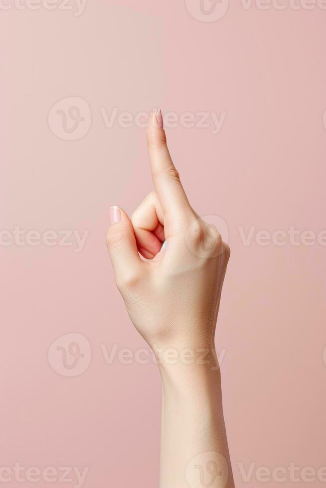 Woman index finger pointing up in back of the hand AI Generated photo