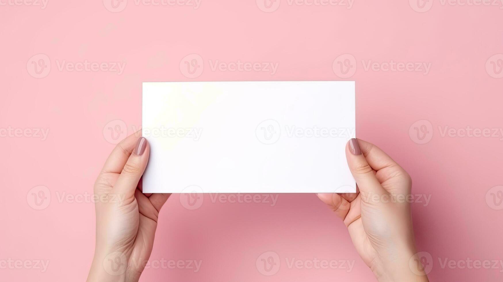 hembra manos con blanco negocio tarjeta o descuento tarjeta en plano color antecedentes con Copiar espacio ai generado foto