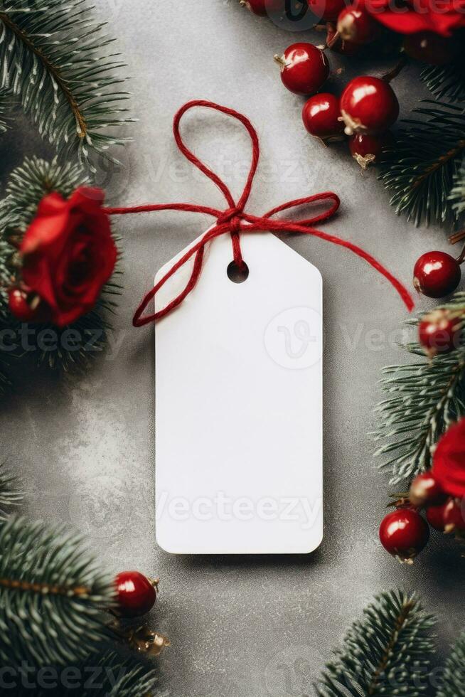 Modern gift tag for Christmas holiday mockup on grey black background AI Generated photo