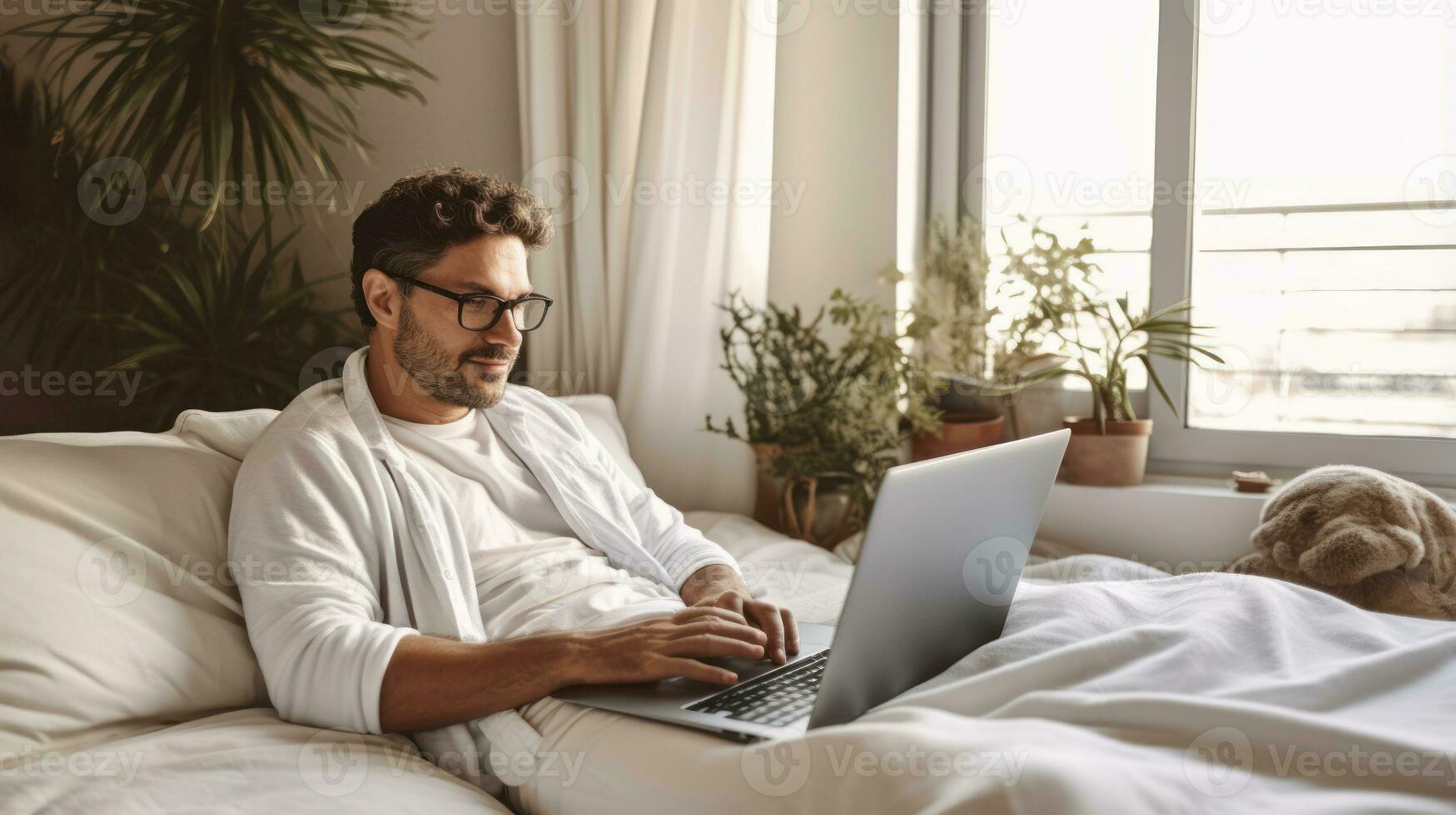 Man lying on bed using laptop computer while working in hotel room as travel business concept AI Generated photo