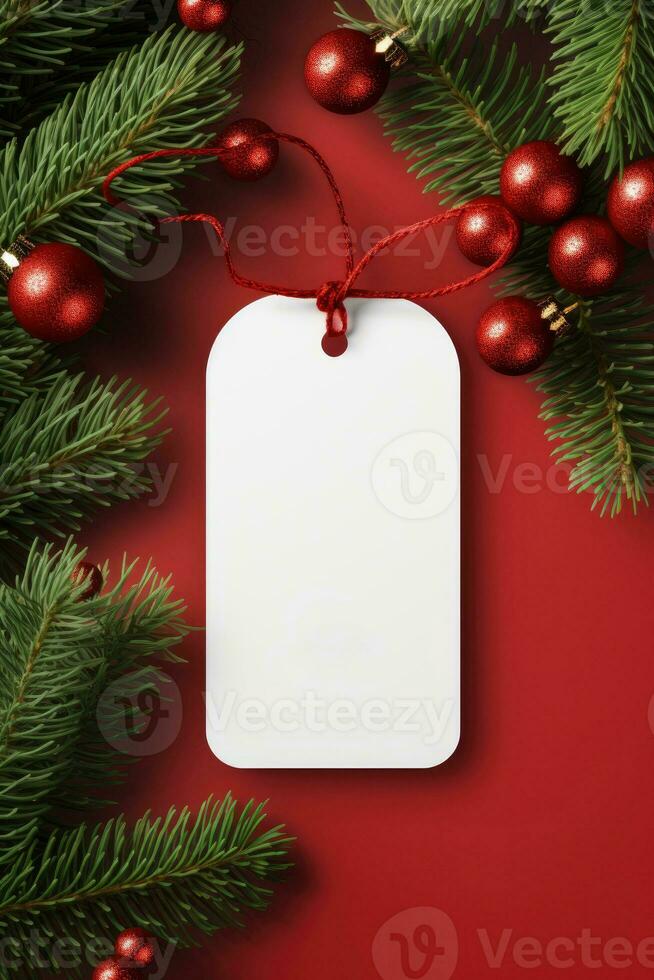 Modern Gift Tag for Christmas Holiday Mockup on red background AI Generated photo