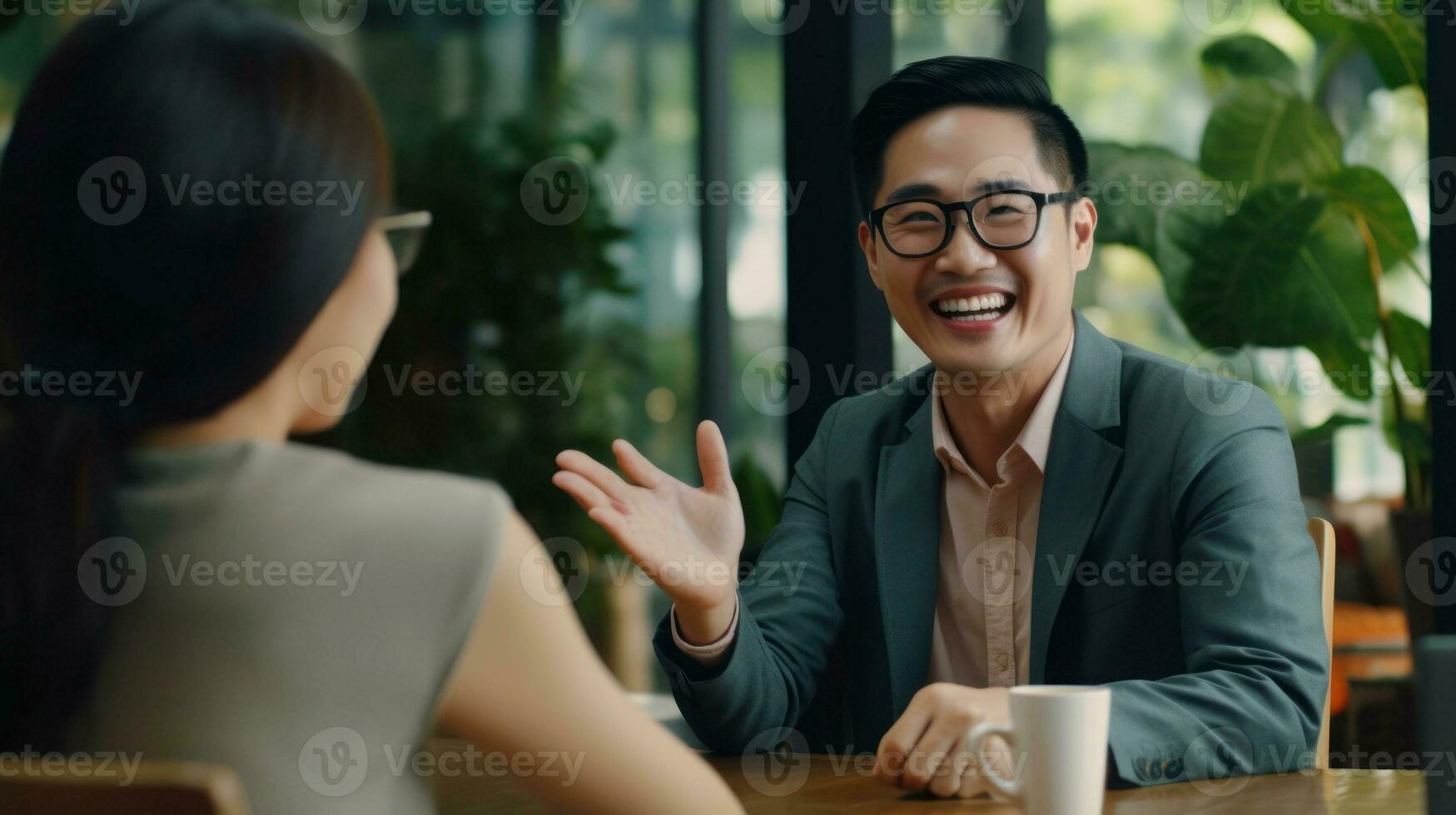 Asian businessman wearing glasses, smiling and waving at his colleague AI Generated photo