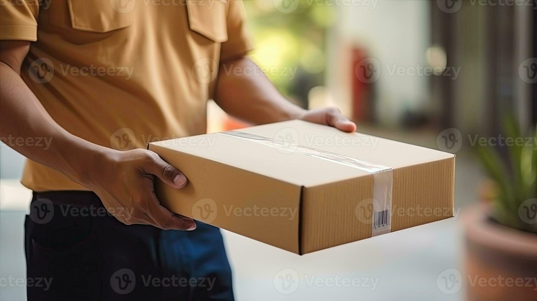 Close up hands giving a packing delivery cardboard box AI Generated photo
