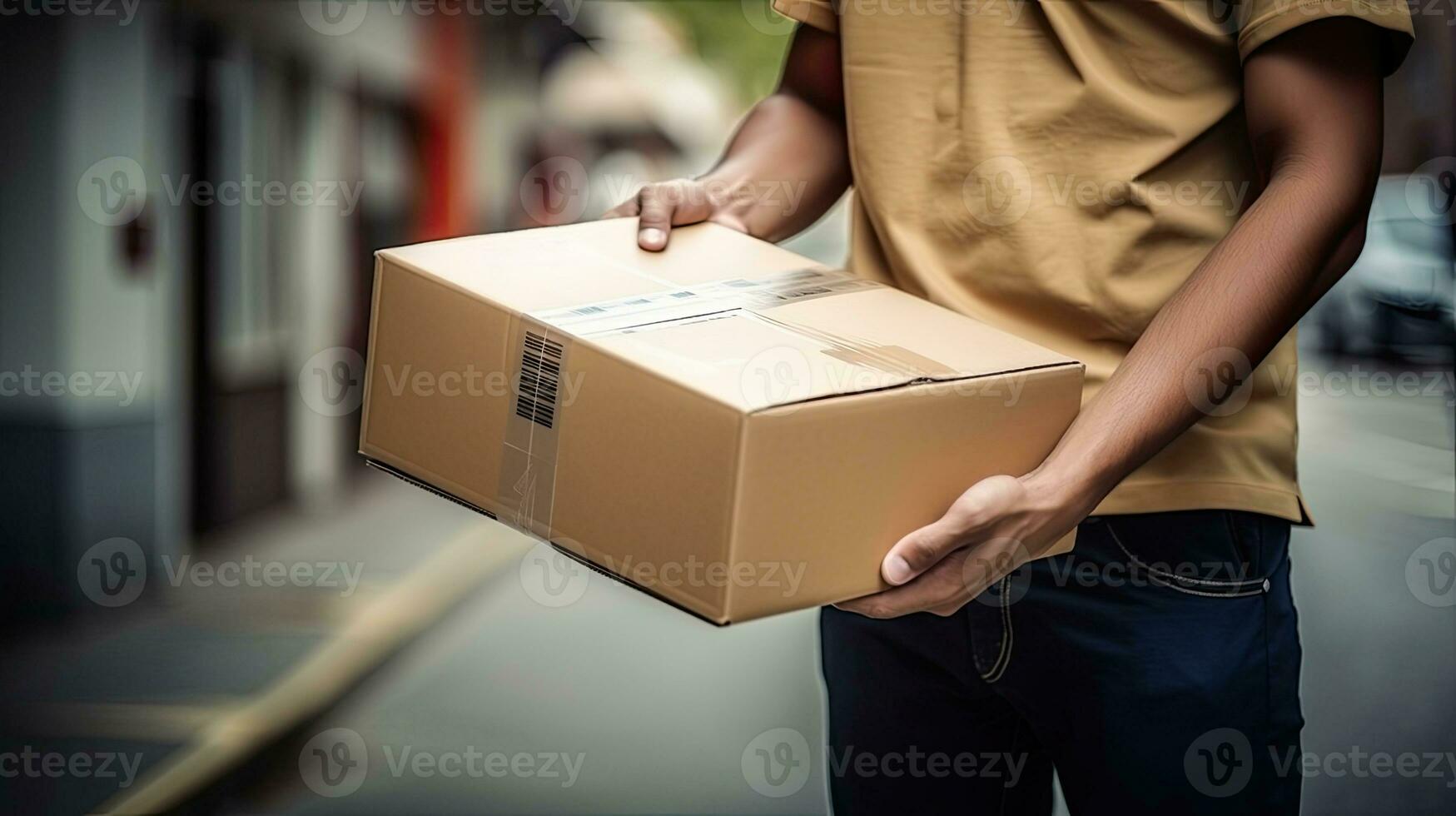 Close-up courier holding cardboard boxes with parcels inside for delivery AI Generated photo