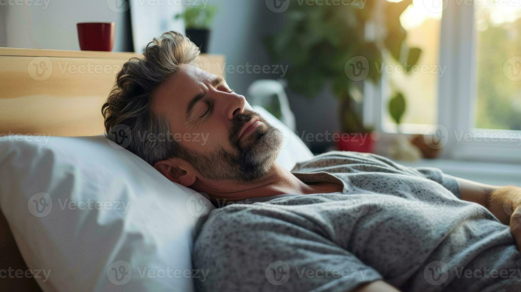 Man lying in  bedroom with a good sleep as healthy and well being concept AI Generated photo