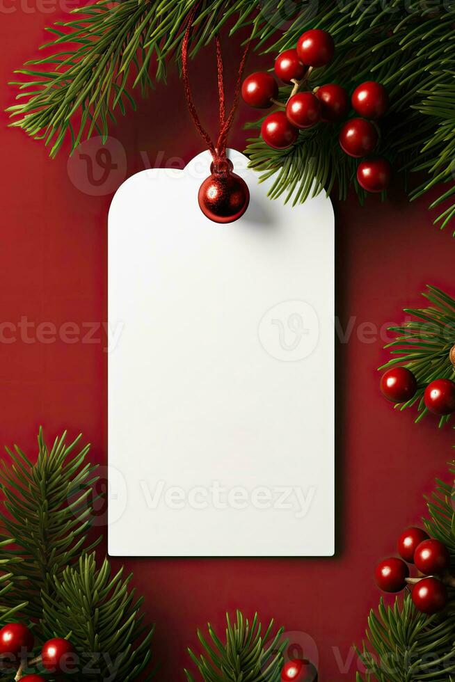 Modern Gift Tag for Christmas Holiday Mockup on red background AI Generated photo