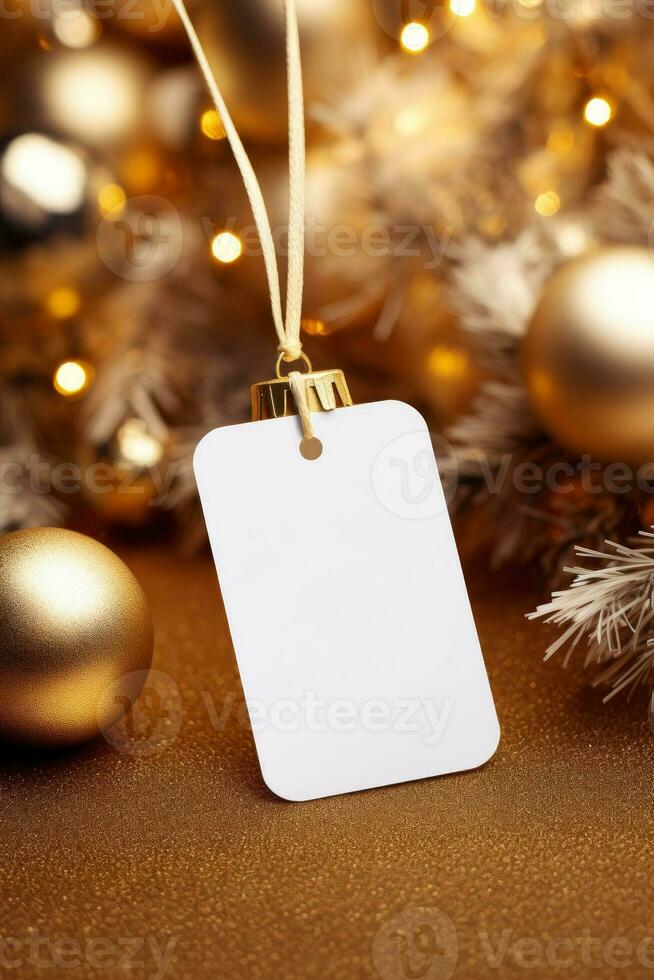 Modern Gift Tag for Christmas Holiday Mockup on gold background AI Generated photo