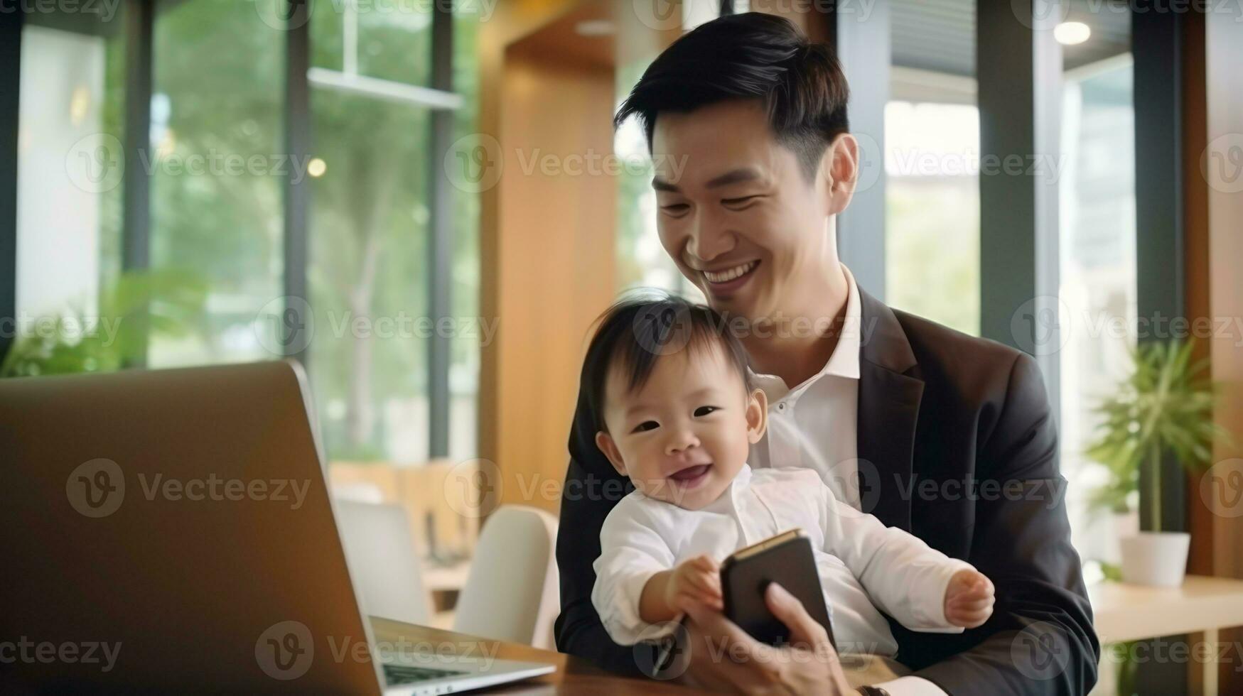 Happy father using smart phone work at home while holding his little cute baby AI Generated photo