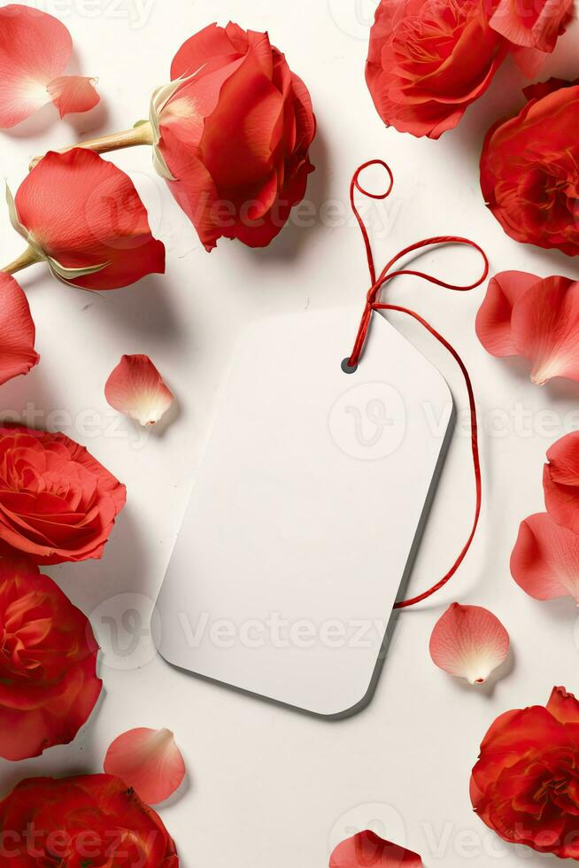 Modern blank valentine gift tag mockup with red rose leaves petals AI Generated photo