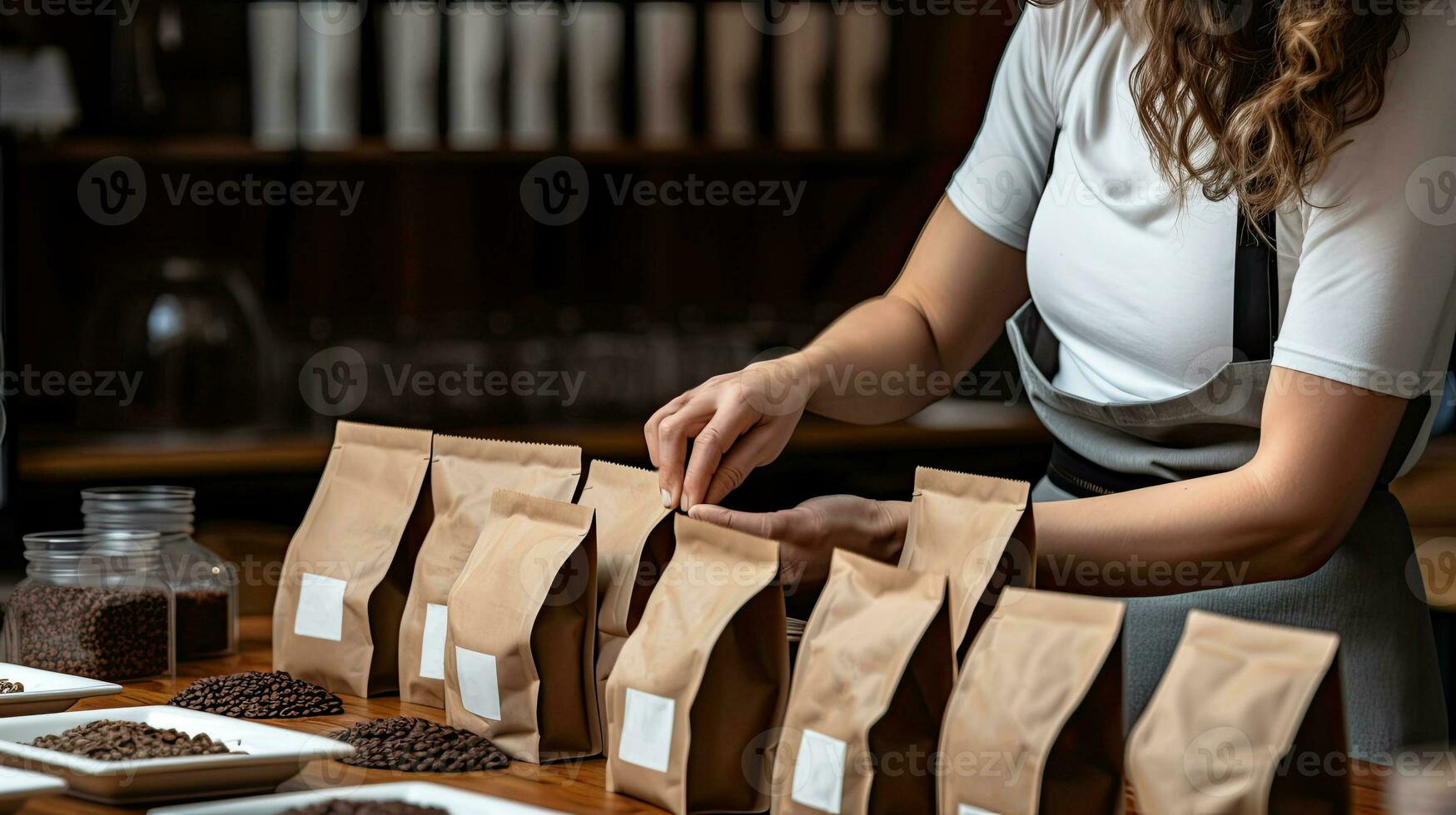Woman hands seal coffee bean bag packages ready for sales AI Generated photo
