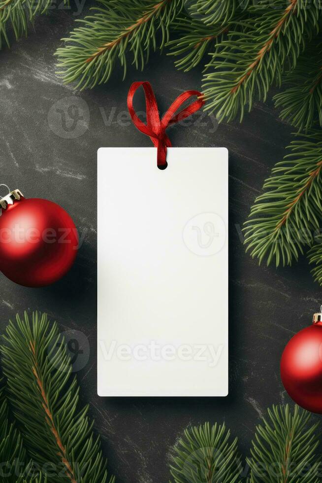 Modern gift tag for Christmas holiday mockup on grey black background AI Generated photo