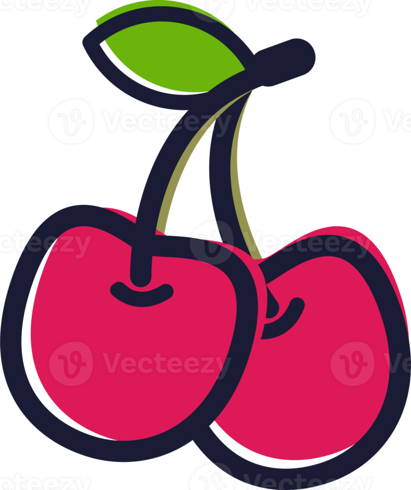 Two cherry with leaf. Color icon. PNG, transparency. Cartoon line style. For  poster, app, web, package png